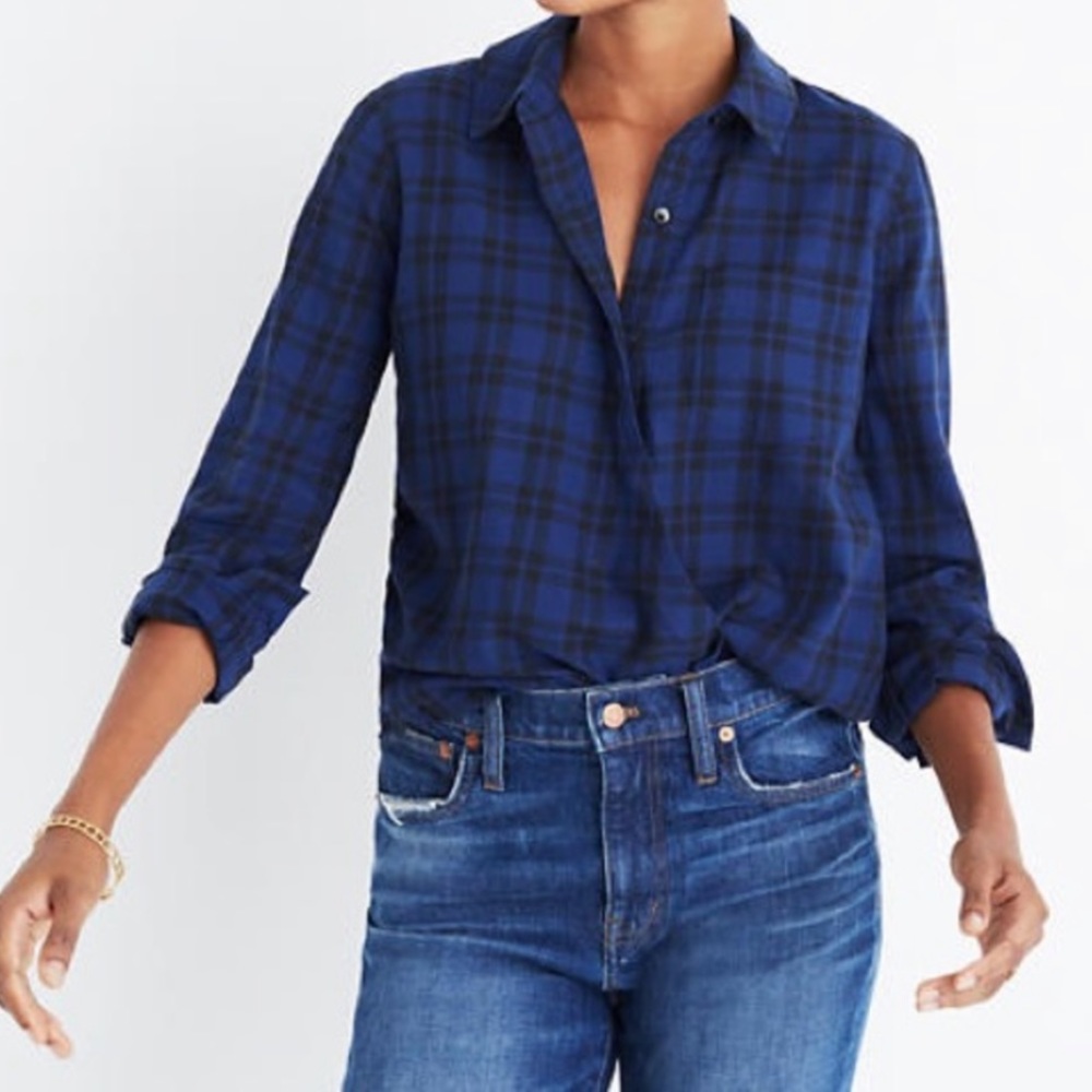 NWOT MADEWELL blue Arion Plaid faux-wrap button front top XXS new without tags